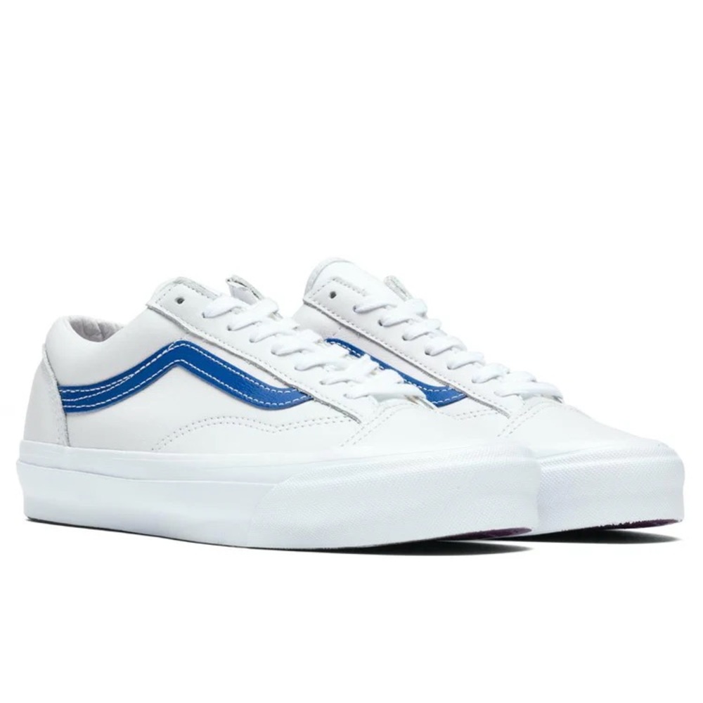 Vans vault OG style 36 lx white and blue leather old skool sneaker with sticker